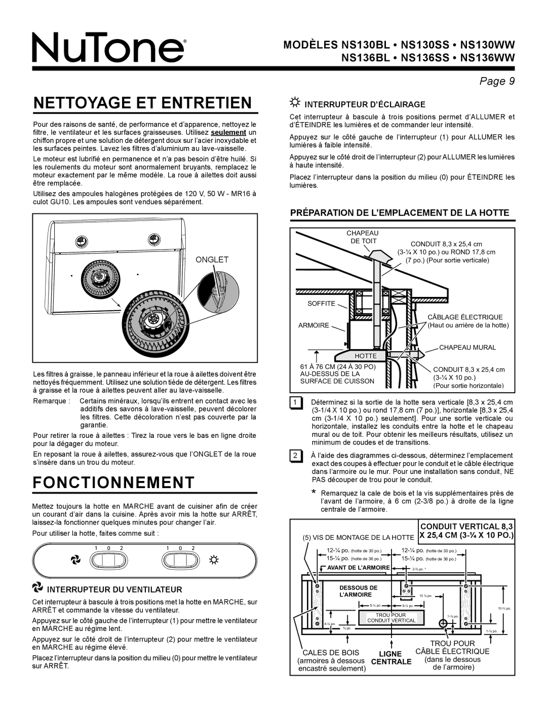 NuTone NS Series manual Nettoyage ET Entretien, Fonctionnement, Interrupteur D’ÉCLAIRAGE, Interrupteur DU Ventilateur 