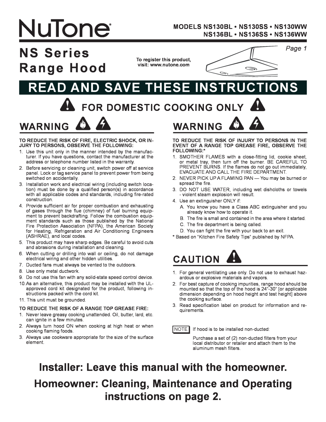 NuTone manual NS Series Range Hood, read and save these instructions, Installer Leave this manual with the homeowner 
