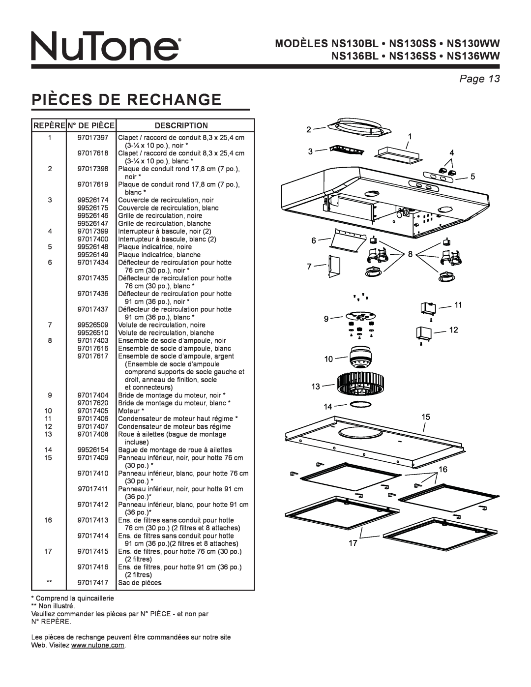 NuTone NS Series manual Pièces De Rechange, Repère N De Pièce, Description, Page 