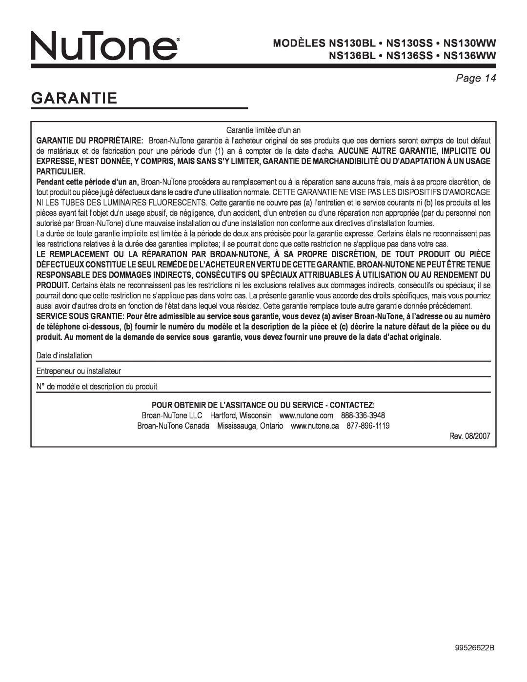 NuTone NS Series manual Garantie limitée d’un an, Date d’installation Entrepeneur ou installateur, Page, Rev. 08/2007 