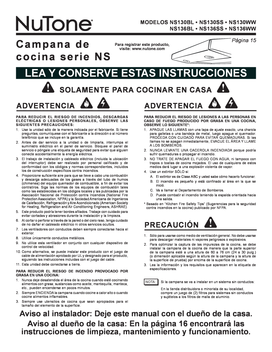 NuTone NS Series manual Campana de cocina serie NS, Lea Y Conserve Estas Instrucciones, Precaución, Página 