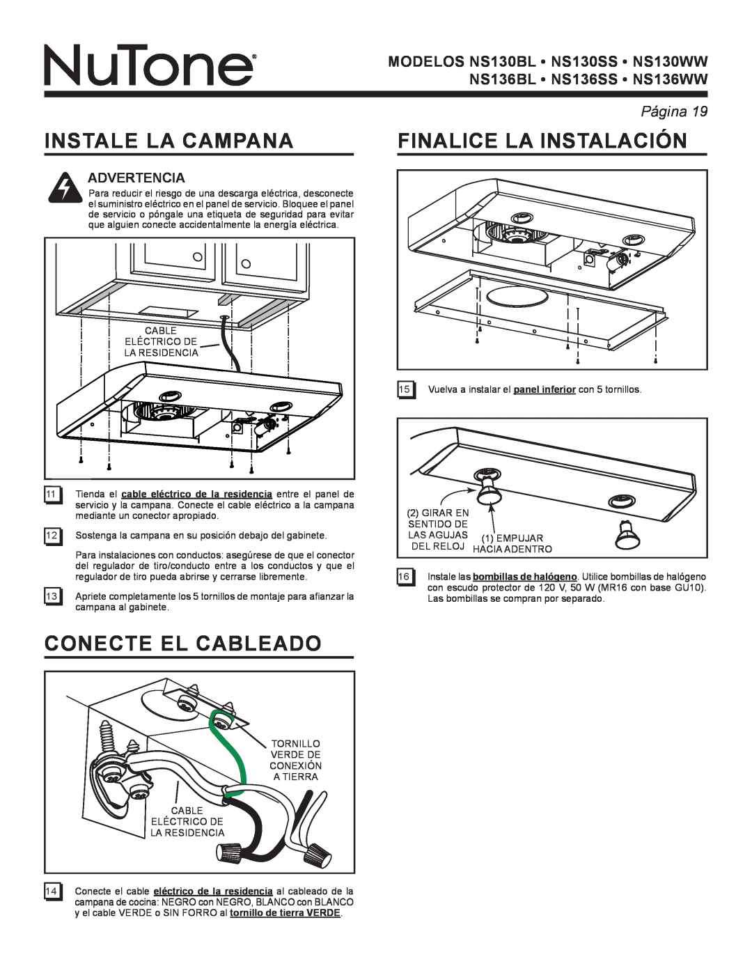 NuTone NS Series manual Instale La Campana, Conecte El Cableado, Finalice La Instalación, Página, Advertencia 