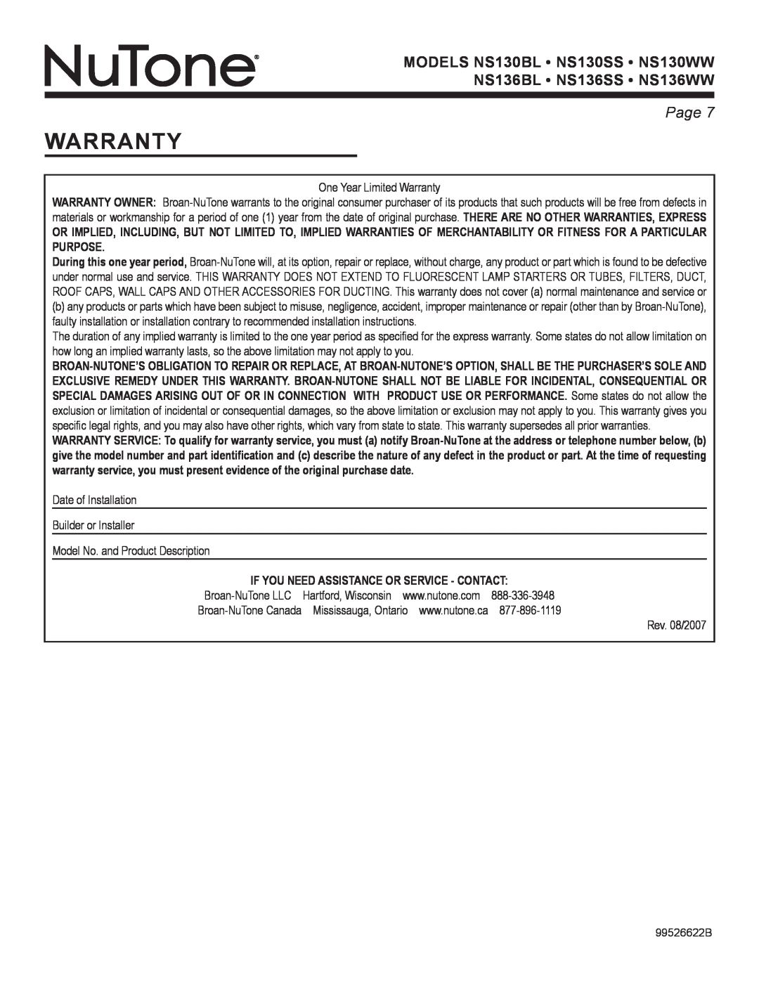 NuTone NS Series warranty, One Year Limited Warranty, Date of Installation Builder or Installer, Rev. 08/2007, Page  