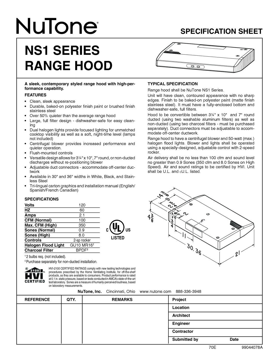 NuTone specifications NS1 Series Range Hood, Features, Specifications, Typical Specification, Reference QTY Remarks 