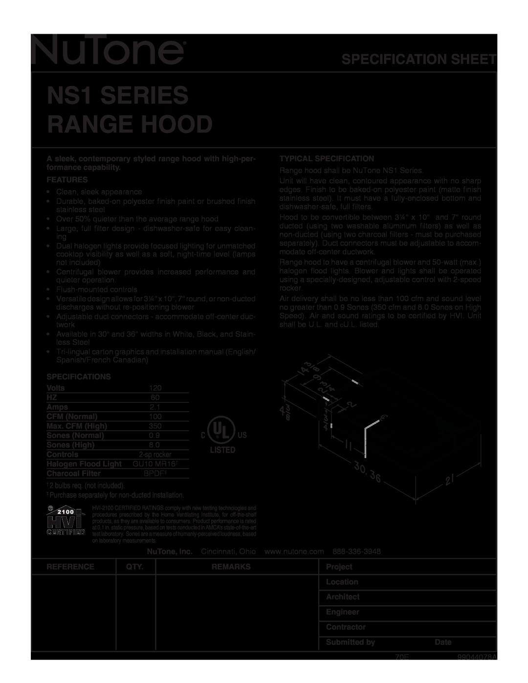 NuTone specifications NS1 SERIES RANGE HOOD, Specification Sheet 