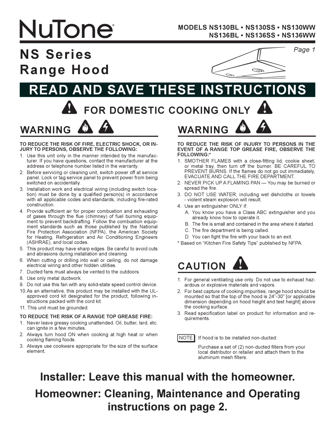 NuTone NS136BL, NS136WW, NS136SS, NS130WW warranty For domestic cooking only, To Reduce the Risk of a Range TOP Grease Fire 