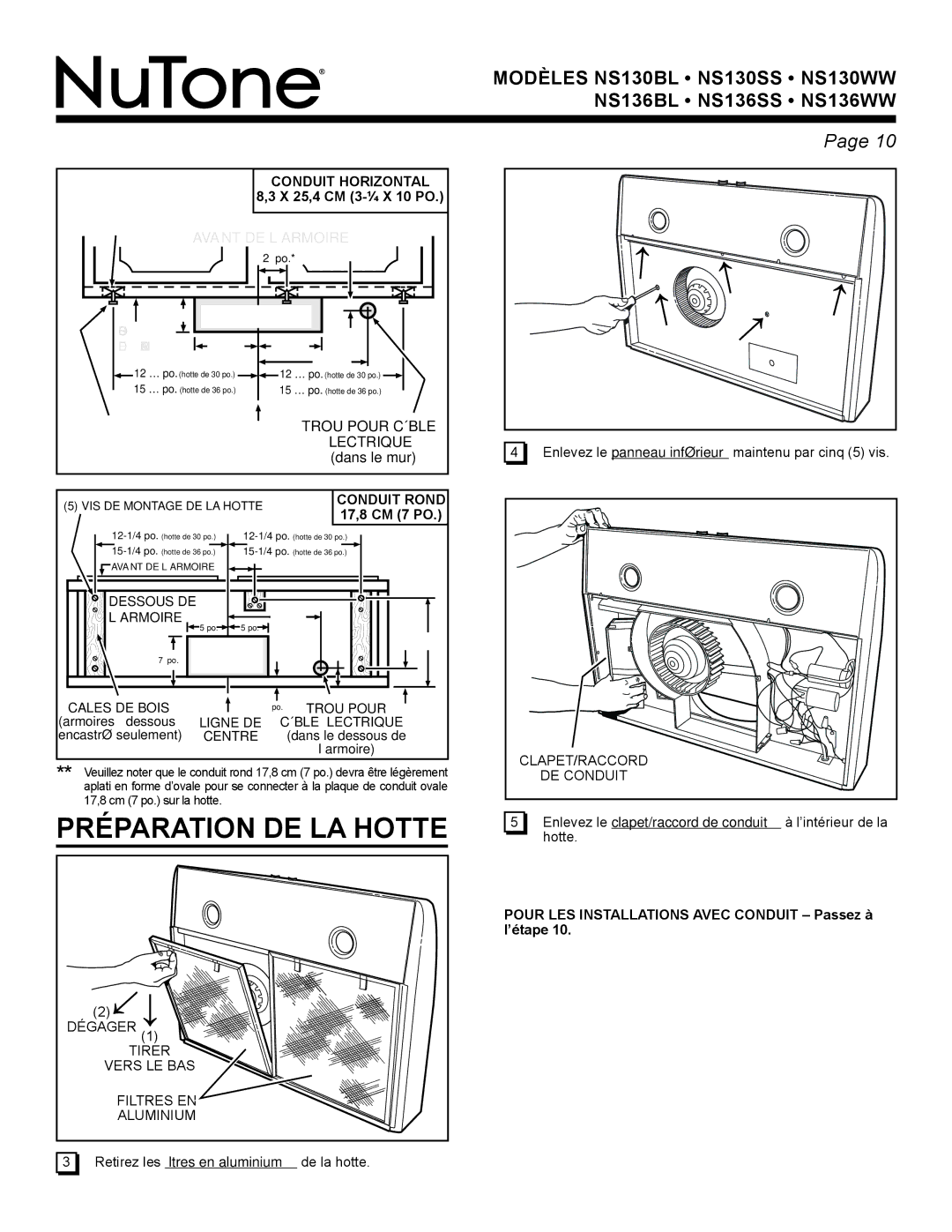 NuTone NS130SS, NS136WW warranty Préparation DE LA Hotte, Cales DE Bois Conduit Horizontal, Avant DE L’ARMOIRE, Conduit Rond 