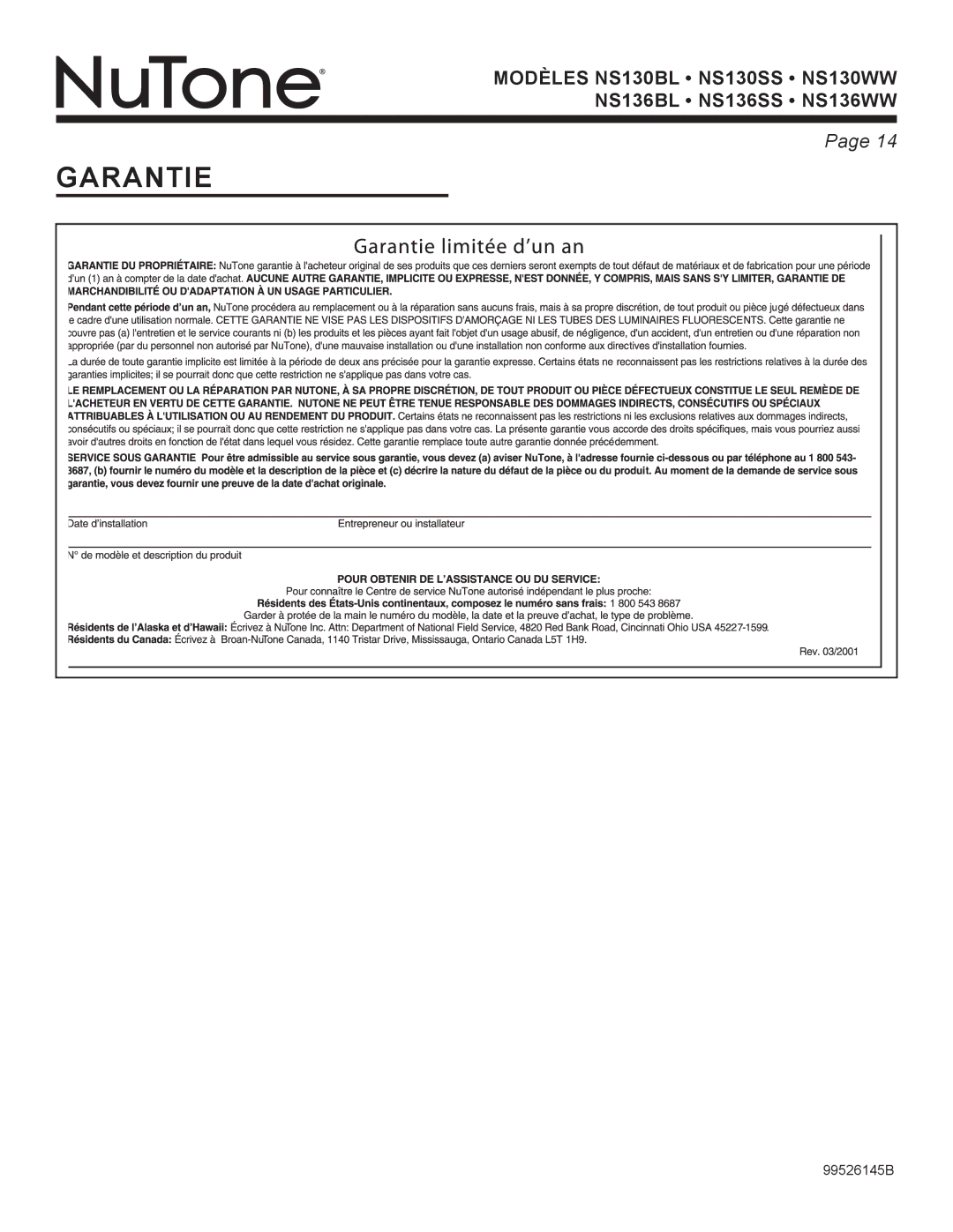 NuTone NS136SS, NS136WW, NS136BL, NS130WW, NS130SS, NS130BL warranty Garantie 