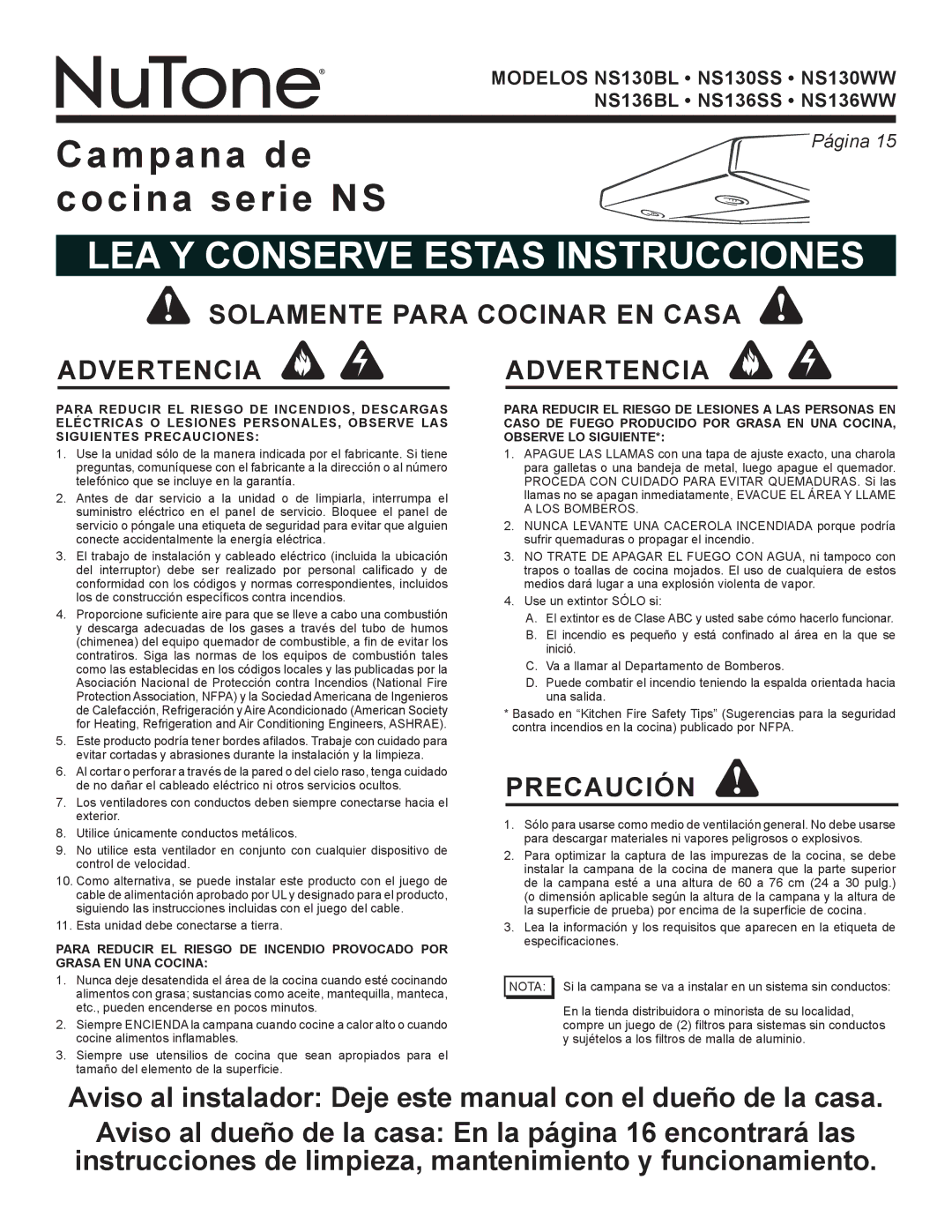 NuTone NS130WW, NS136WW, NS136BL, NS136SS, NS130SS, NS130BL Solamente Para Cocinar EN Casa Advertencia Advertencia, Precaución 