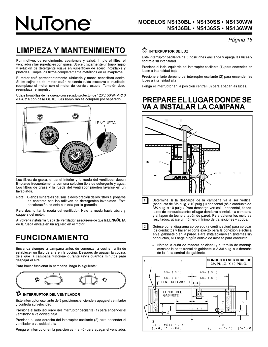 NuTone NS130SS, NS136WW, NS136BL, NS136SS, NS130WW, NS130BL warranty Limpieza Y Mantenimiento, Funcionamiento 