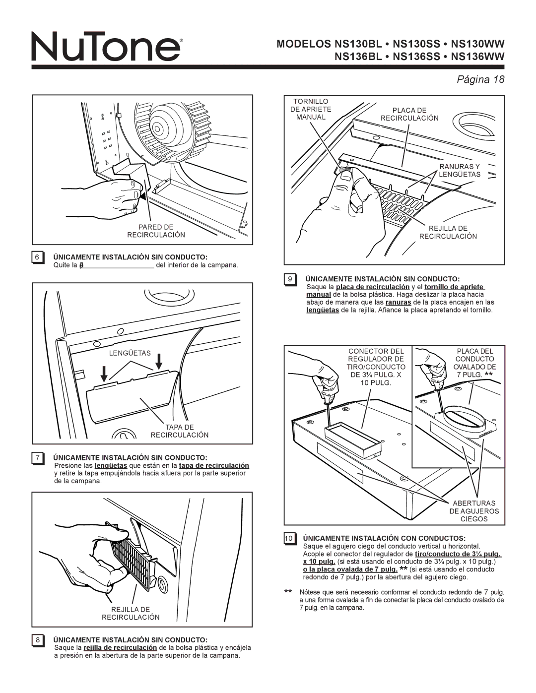 NuTone NS136WW, NS136BL, NS136SS, NS130WW, NS130SS, NS130BL warranty Únicamente Instalación SIN Conducto 