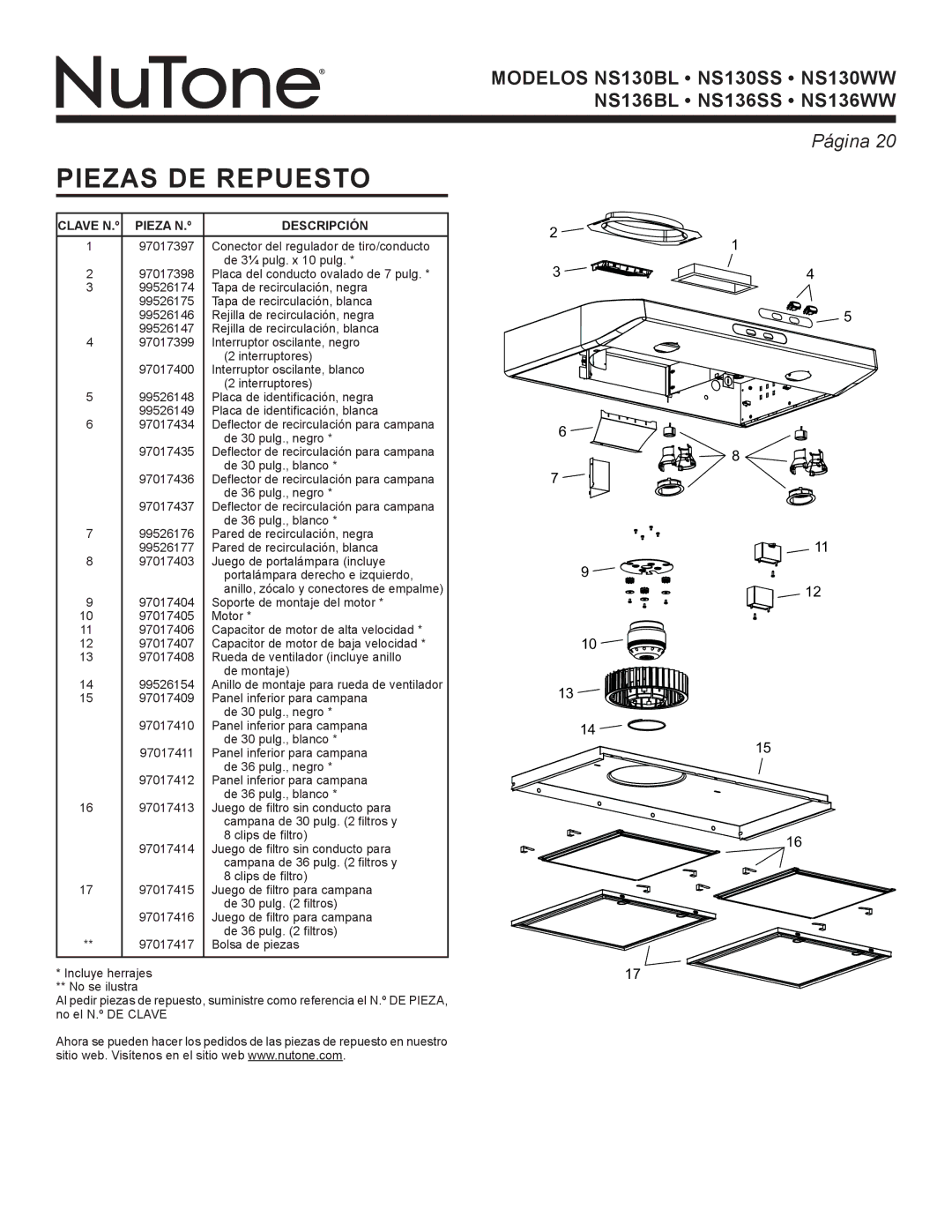 NuTone NS136SS, NS136WW, NS136BL, NS130WW, NS130SS, NS130BL warranty Piezas DE Repuesto, Clave N.º Pieza N.º DescriPCIÓN 