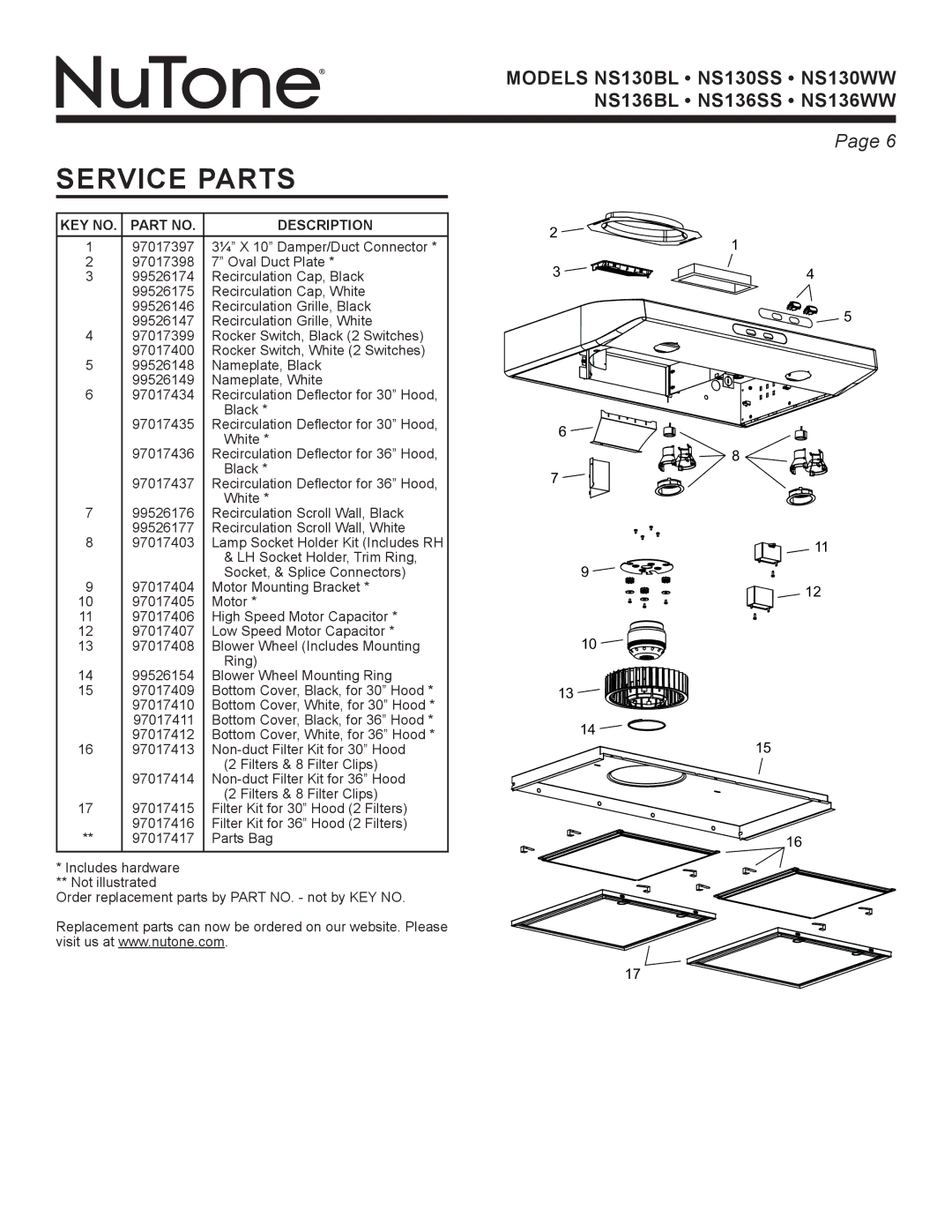 NuTone NS136WW, NS136BL, NS136SS, NS130WW, NS130SS, NS130BL warranty Service parts, Key No. Part No Description 