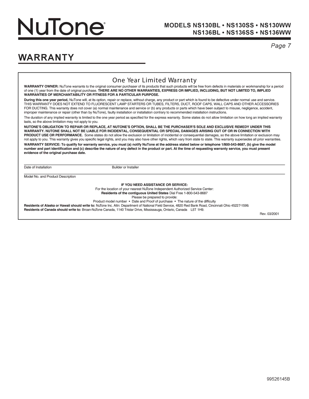 NuTone NS136BL, NS136WW, NS136SS, NS130WW, NS130SS, NS130BL warranty Warranty 