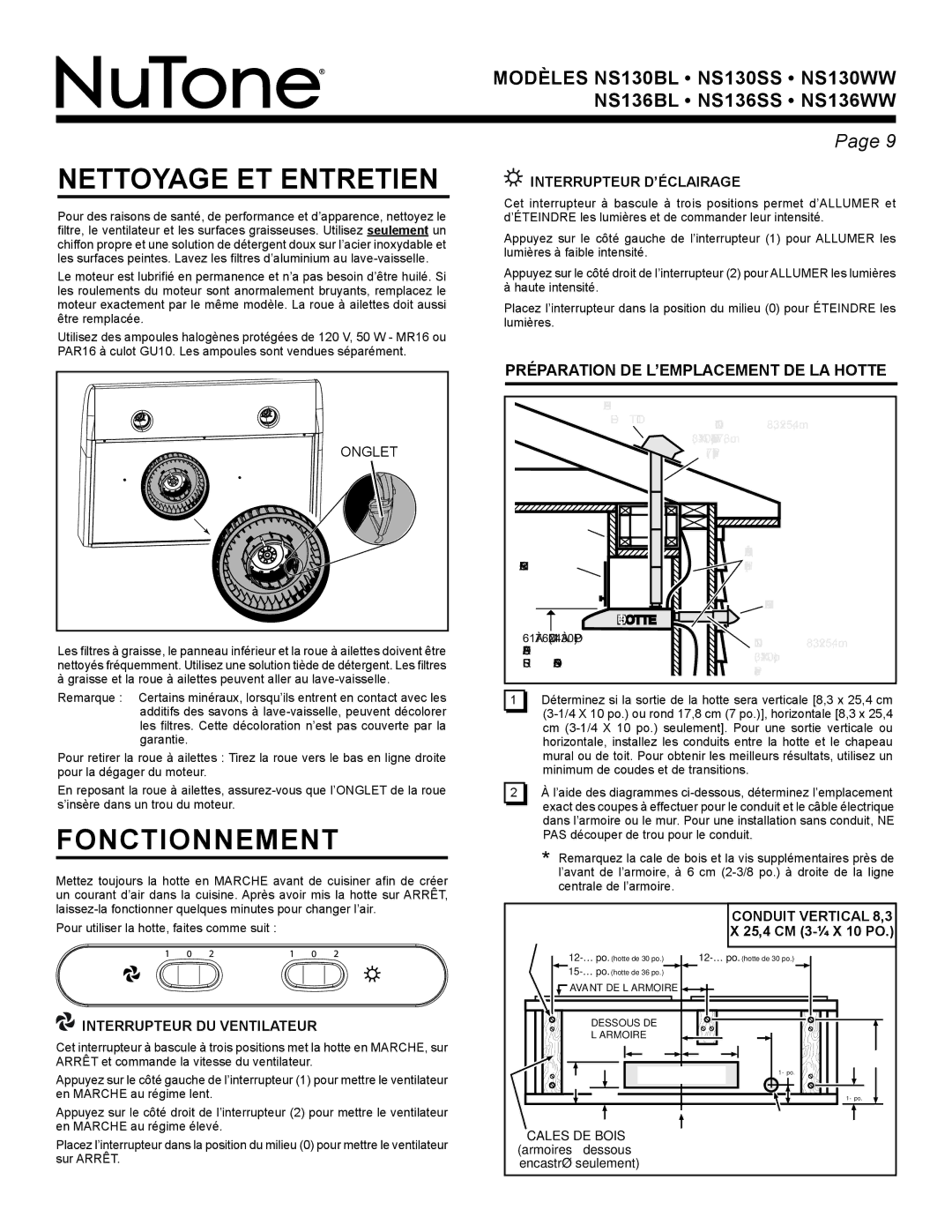 NuTone NS130WW, NS136WW Nettoyage ET Entretien, Fonctionnement, Interrupteur D’ÉCLAIRAGE, Interrupteur DU Ventilateur 