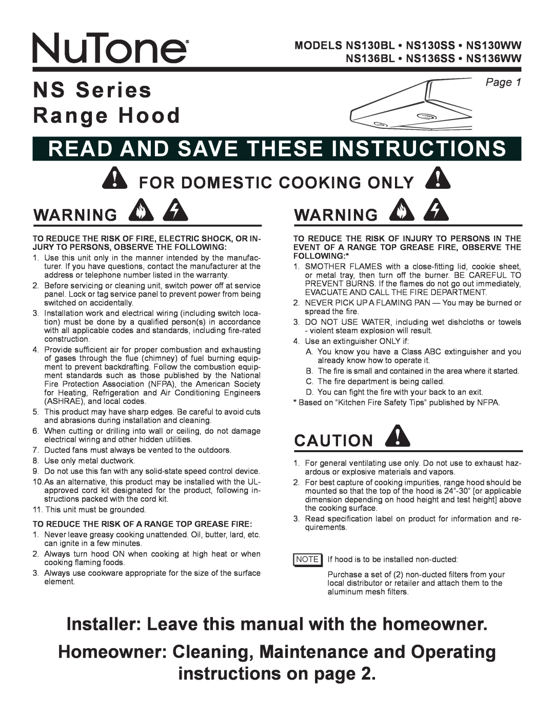 NuTone NS136BL, NS136WW warranty NS Series Range Hood, read and save these instructions, instructions on page, Page  