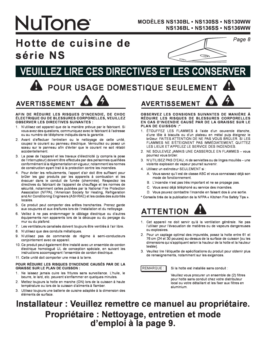 NuTone NS136SS warranty Hotte de cuisine de série NS, Propriétaire Nettoyage, entretien et mode, d’emploi à la page, Page  