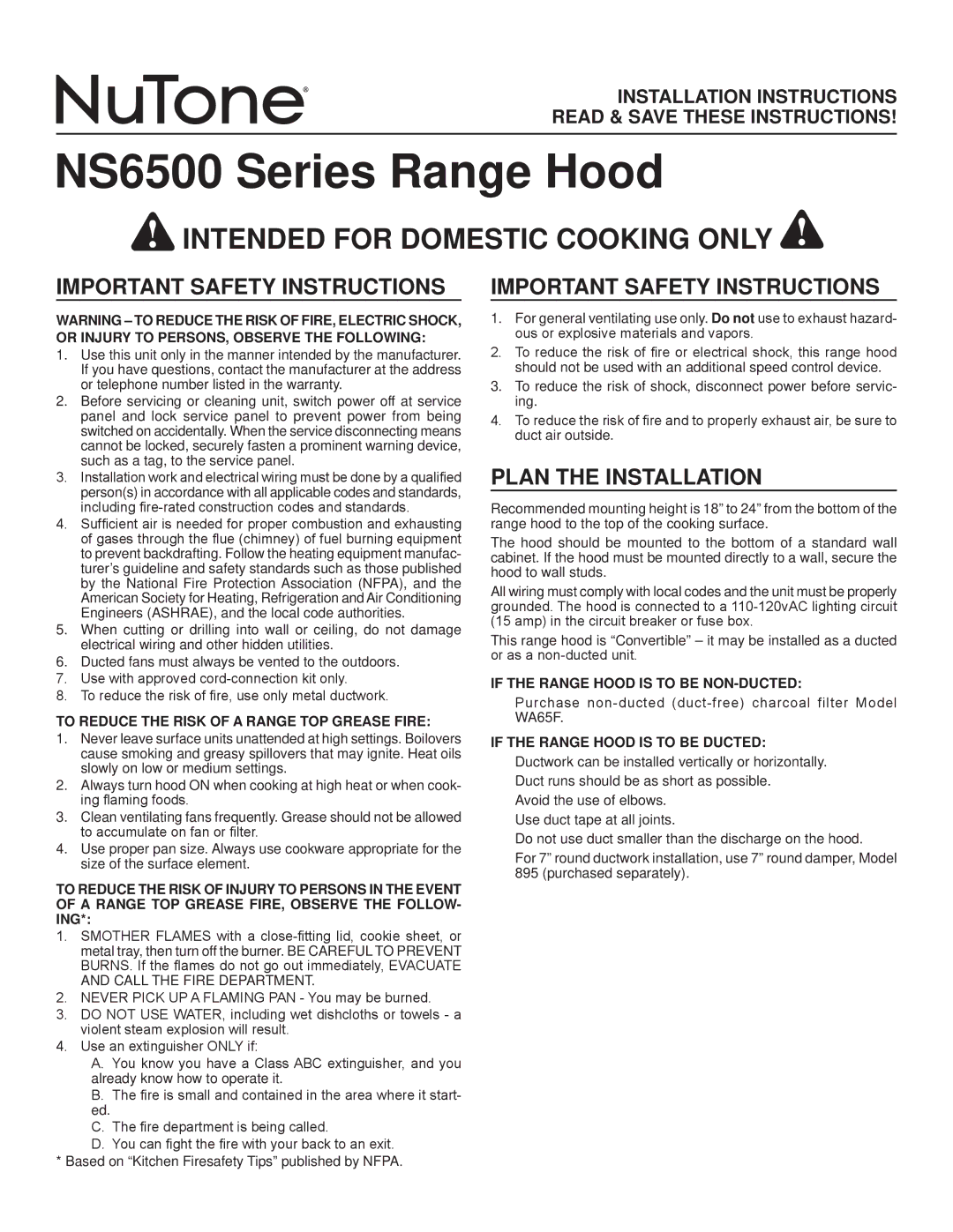 NuTone NS6500 Series installation instructions Important Safety Instructions, Plan the Installation 