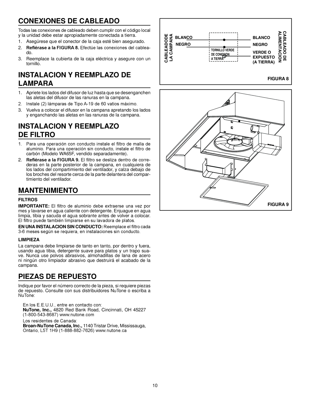 NuTone NS6500 Series Conexiones DE Cableado, Instalacion Y Reemplazo DE Lampara, Instalacion Y Reemplazo DE Filtro 