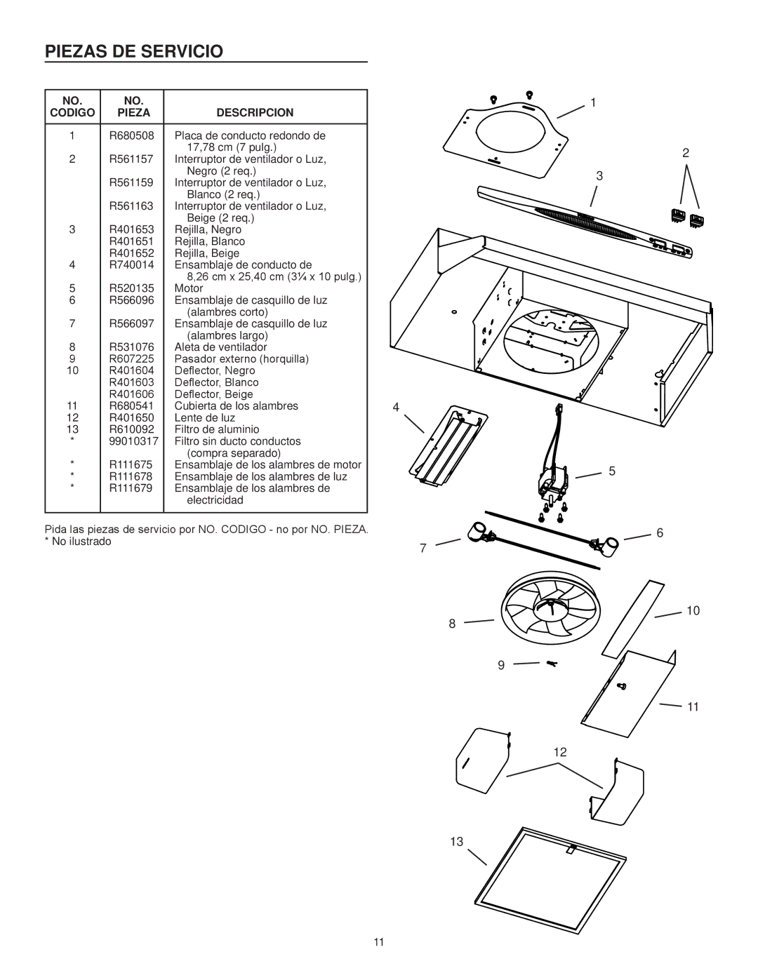 NuTone NS6500 Series installation instructions Piezas DE Servicio, Codigo Pieza 