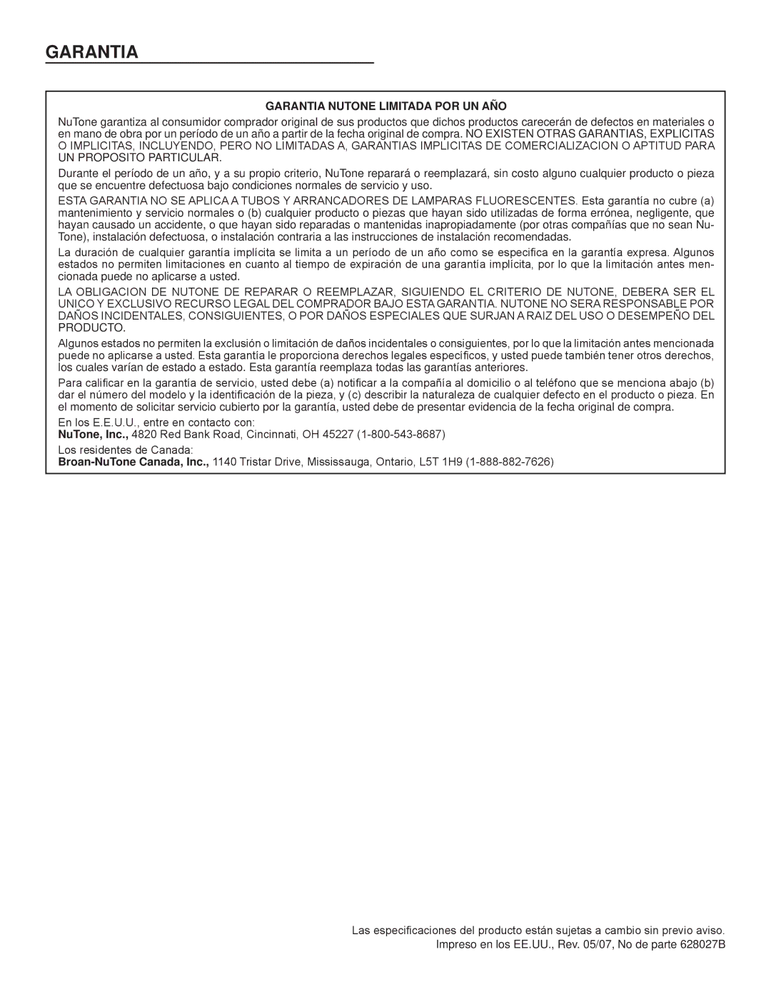 NuTone NS6500 Series installation instructions Garantia Nutone Limitada POR UN AÑO 