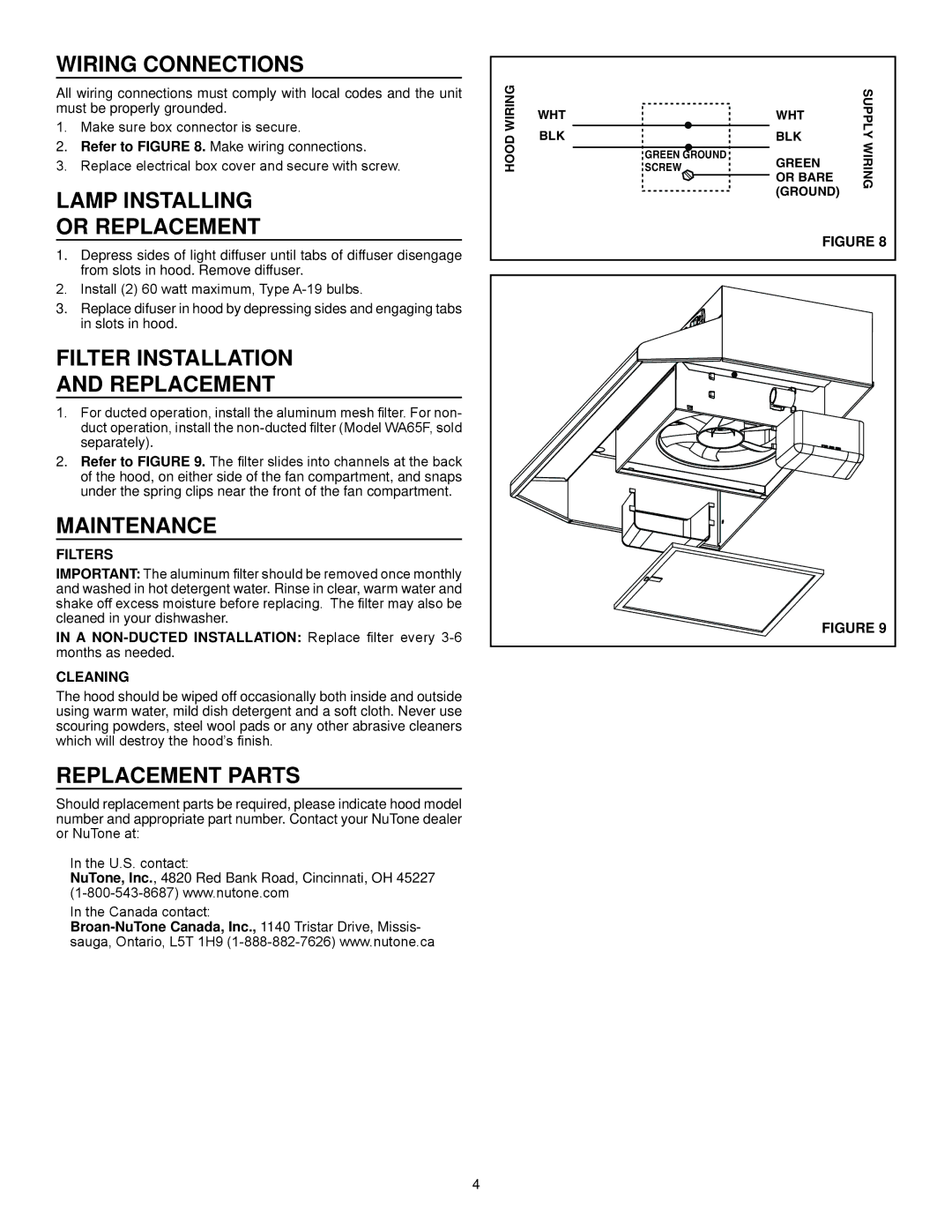 NuTone NS6500 Series Wiring connections, Lamp installing or replacement, Filter installation and replacement, Maintenance 