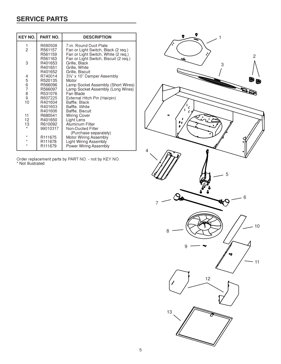 NuTone NS6500 Series installation instructions Service parts, DescriPTION 