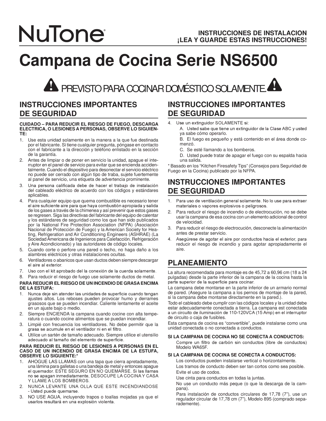 NuTone NS6500 Series installation instructions Instrucciones Importantes DE Seguridad, Planeamiento 