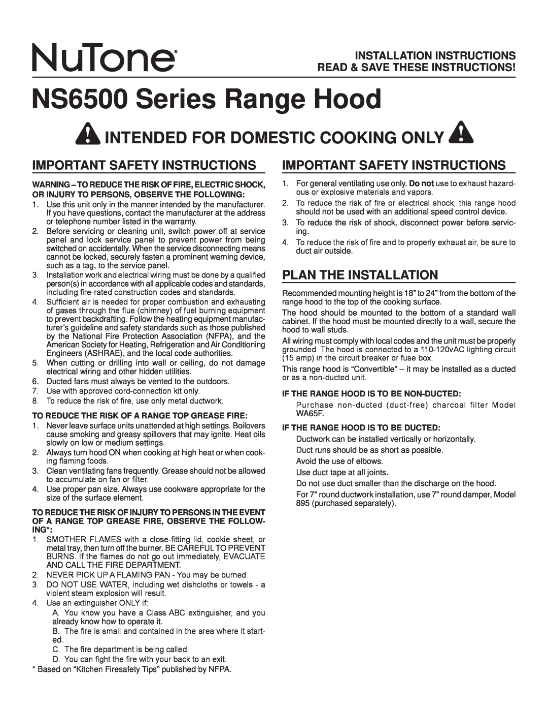 NuTone installation instructions NS6500 Series Range Hood, Important Safety Instructions, Plan The Installation 