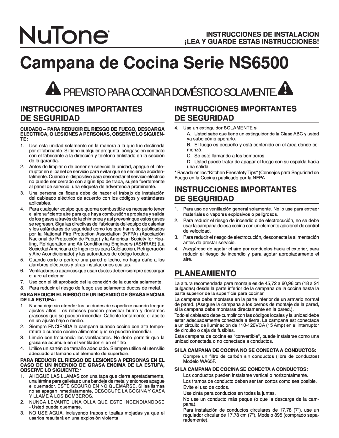 NuTone NS6500 Series Campana de Cocina Serie NS6500, Instrucciones Importantes De Seguridad, Planeamiento 