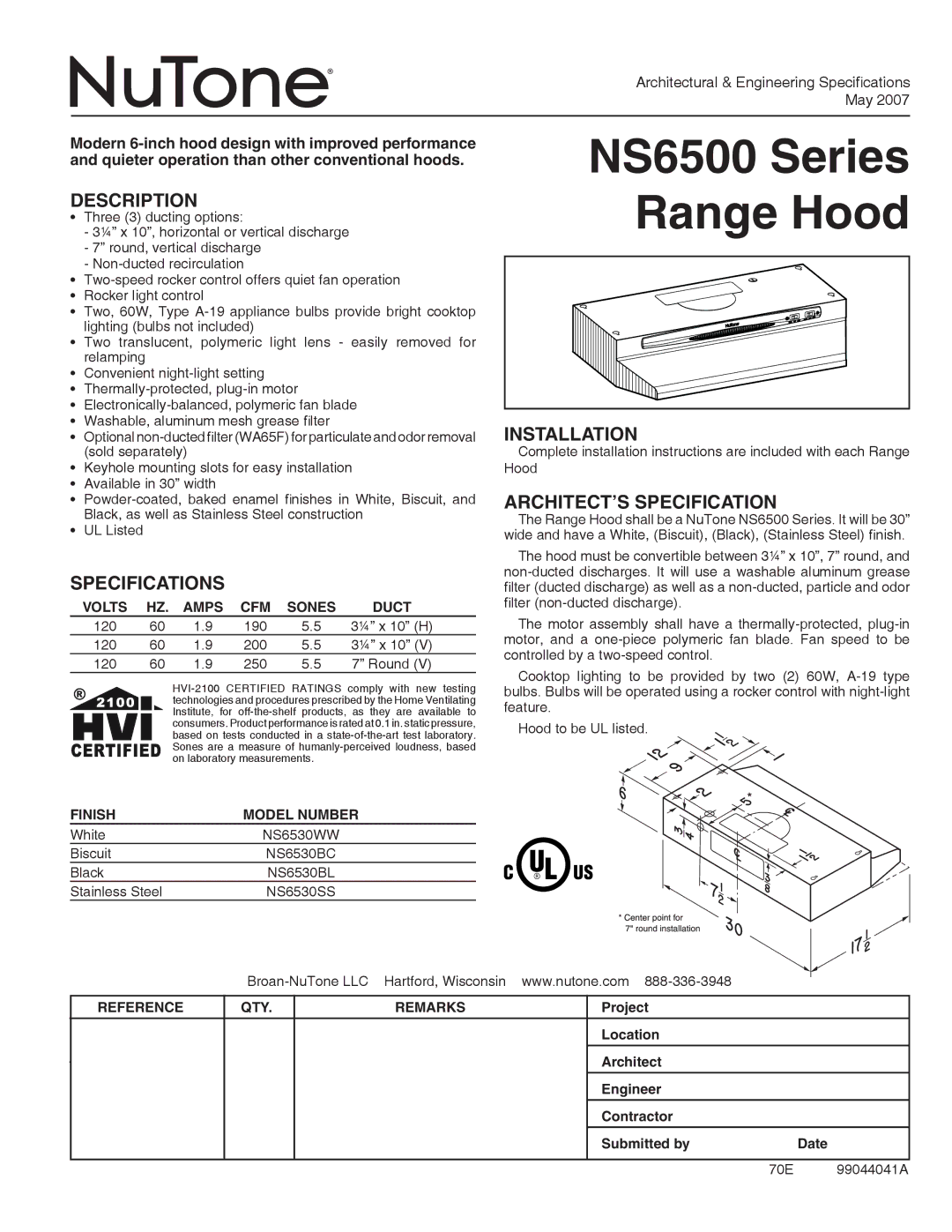 NuTone NS6530WW, NS6530SS, NS6530BL specifications NS6500 Series Range Hood, Description, Specifications, Installation 