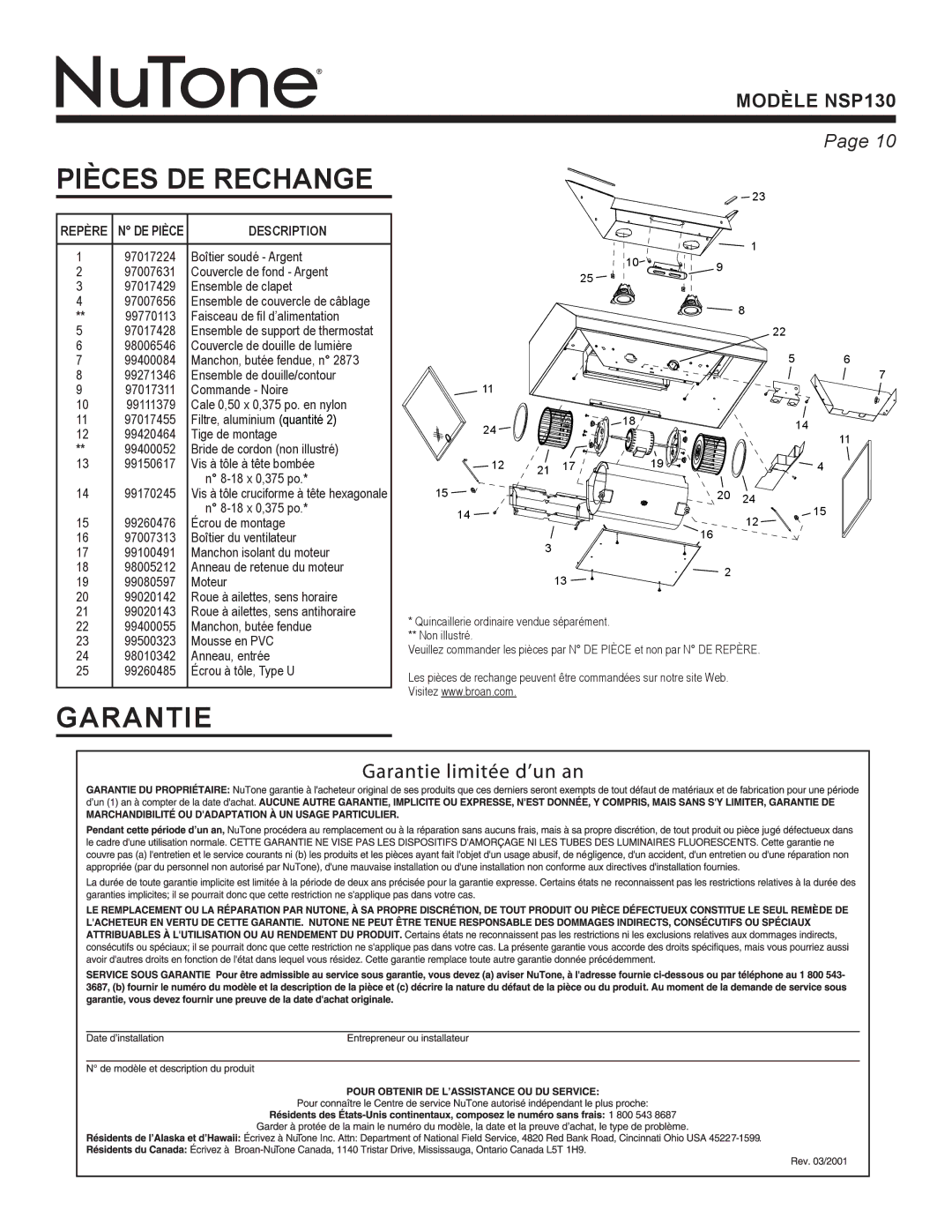 NuTone NSP130 warranty Pièces DE Rechange, Garantie, Repère, De pièce, Description 