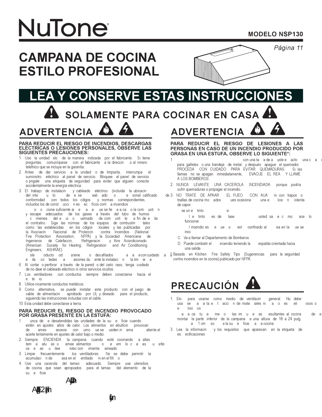 NuTone NSP130 warranty Solamente Para Cocinar EN Casa Advertencia Advertencia, Precaución 