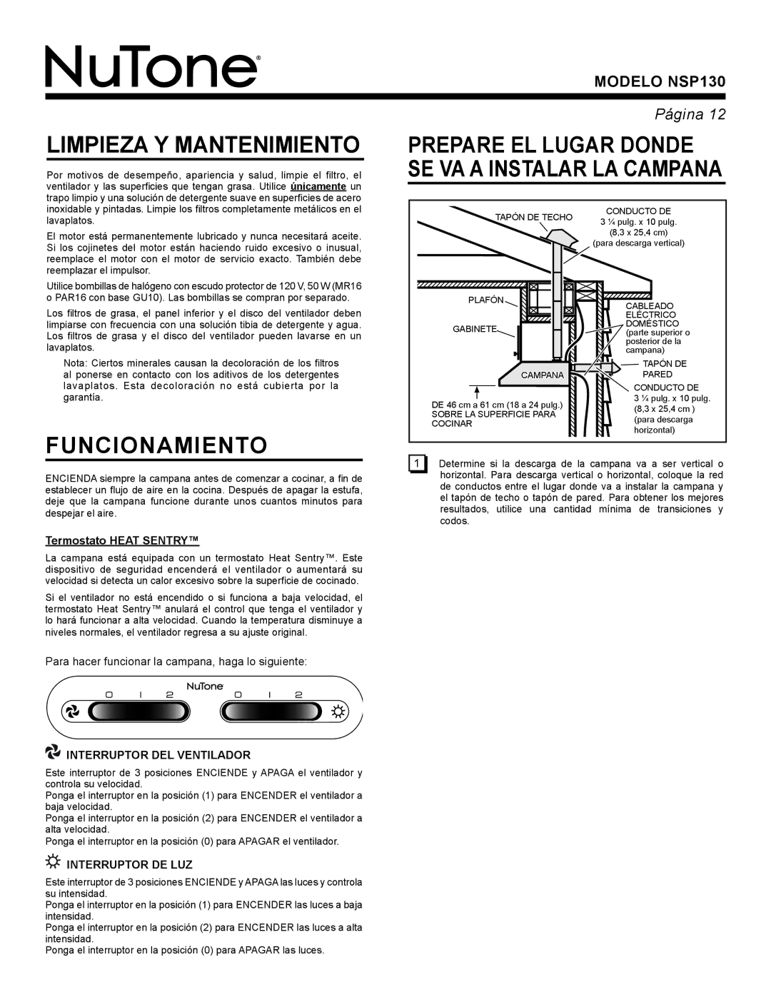 NuTone NSP130 warranty Limpieza Y Mantenimiento, Funcionamiento, Termostato Heat Sentry, Interruptor DEL Ventilador 