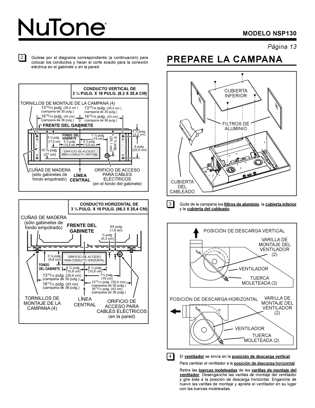 NuTone NSP130 warranty Prepare LA Campana, Frente DEL, Gabinete 