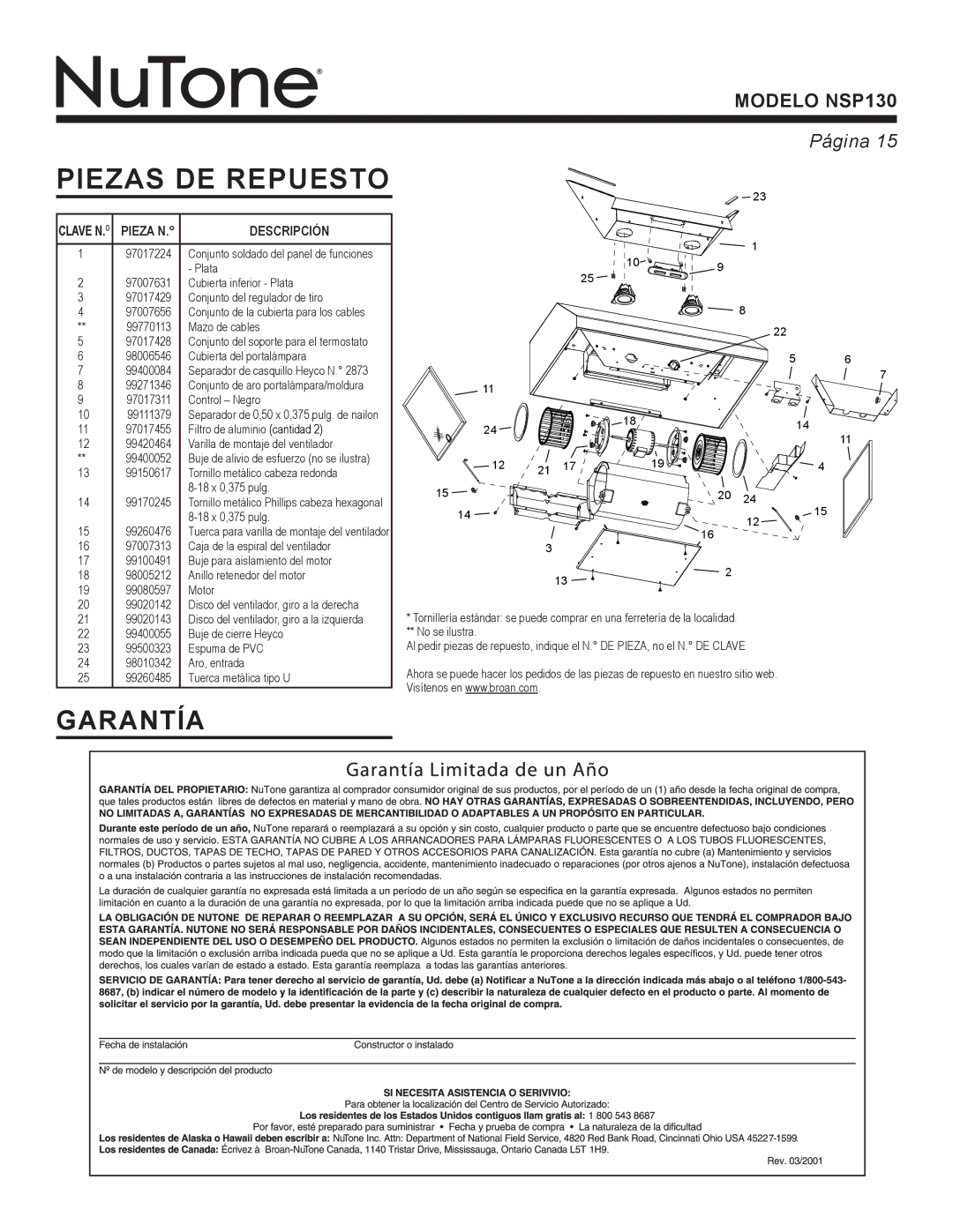 NuTone NSP130 warranty Piezas DE Repuesto, Clave N. o Pieza N 