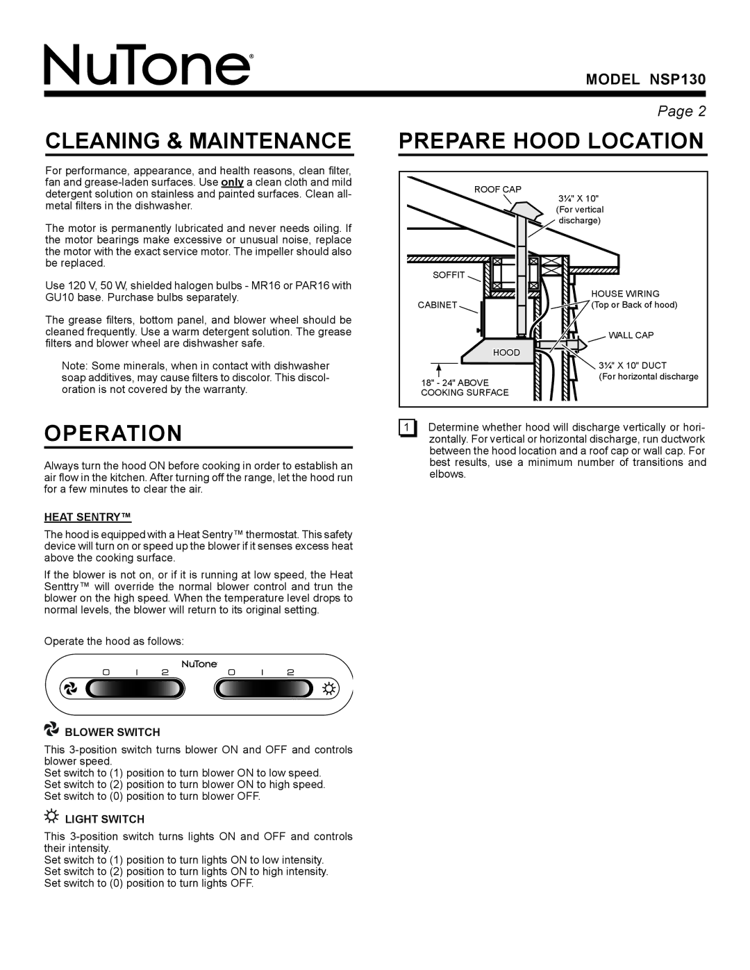 NuTone NSP130 warranty Cleaning & Maintenance, Prepare hood location, Operation, Heat Sentry 