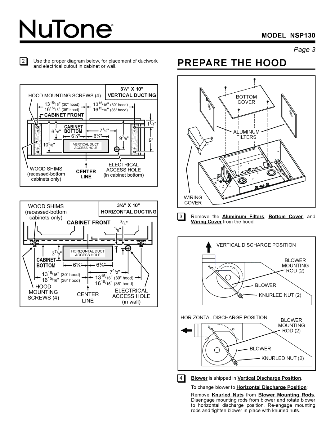 NuTone NSP130 warranty Prepare the Hood, Vertical Ducting, Cabinet Front Bottom, Center, Line 