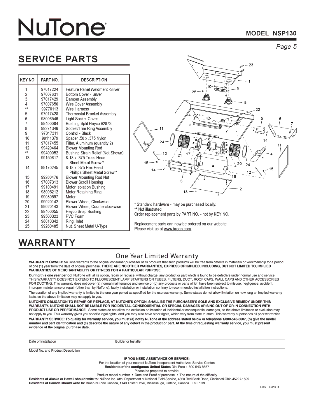 NuTone NSP130 warranty Service parts, Warranty, Description 