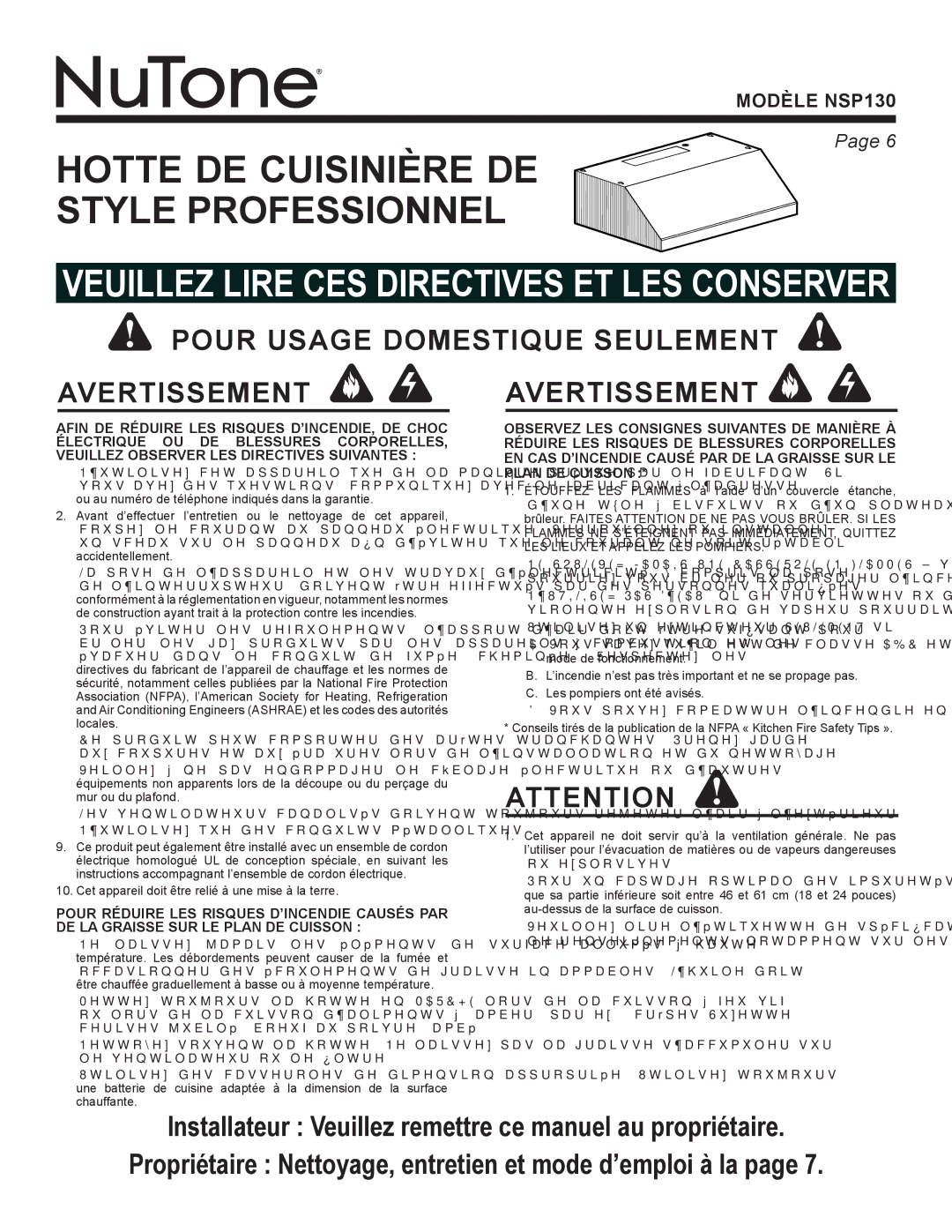 NuTone NSP130 warranty Pour Usage Domestique Seulement, Avertissement, DE LA Graisse SUR LE Plan DE Cuisson 