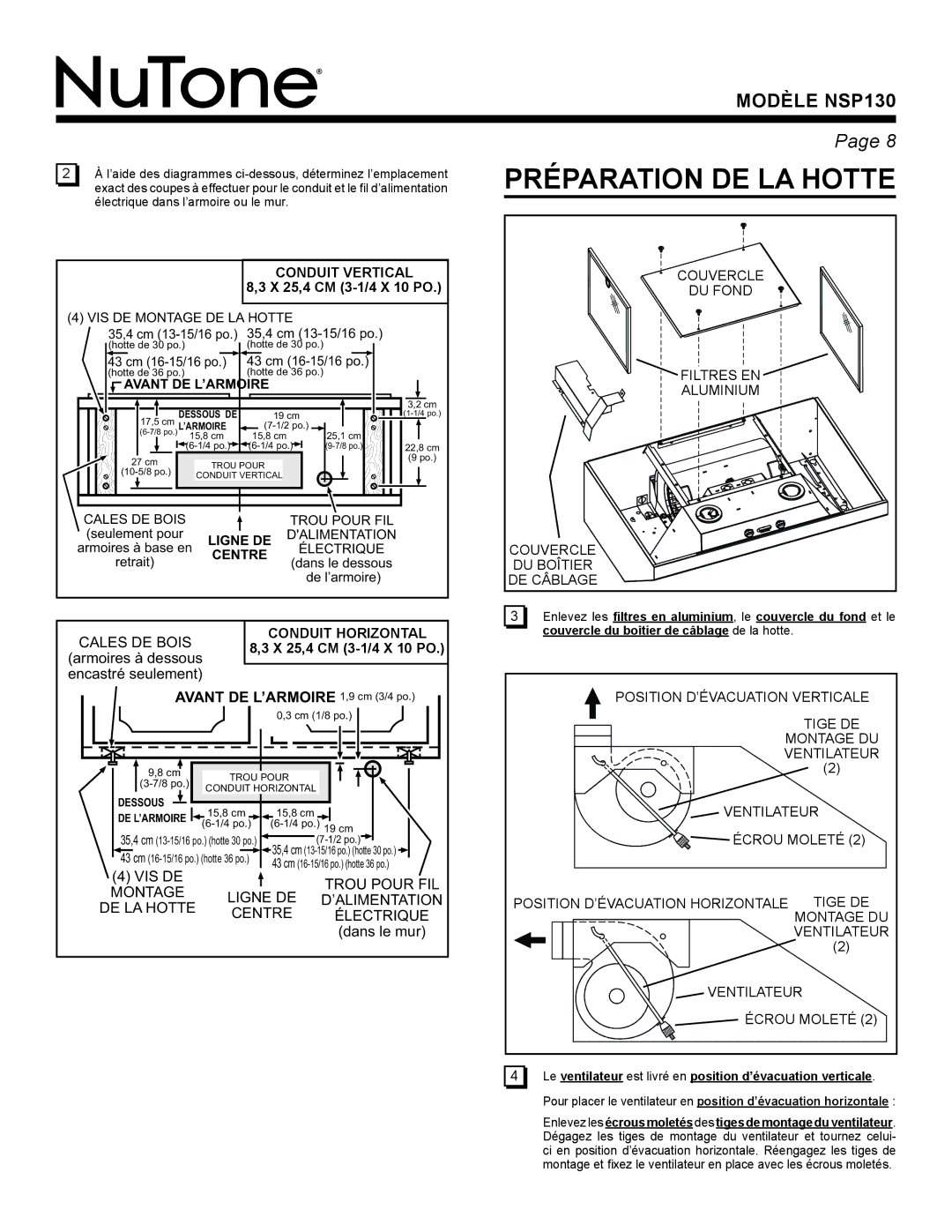 NuTone NSP130 warranty Préparation DE LA Hotte 