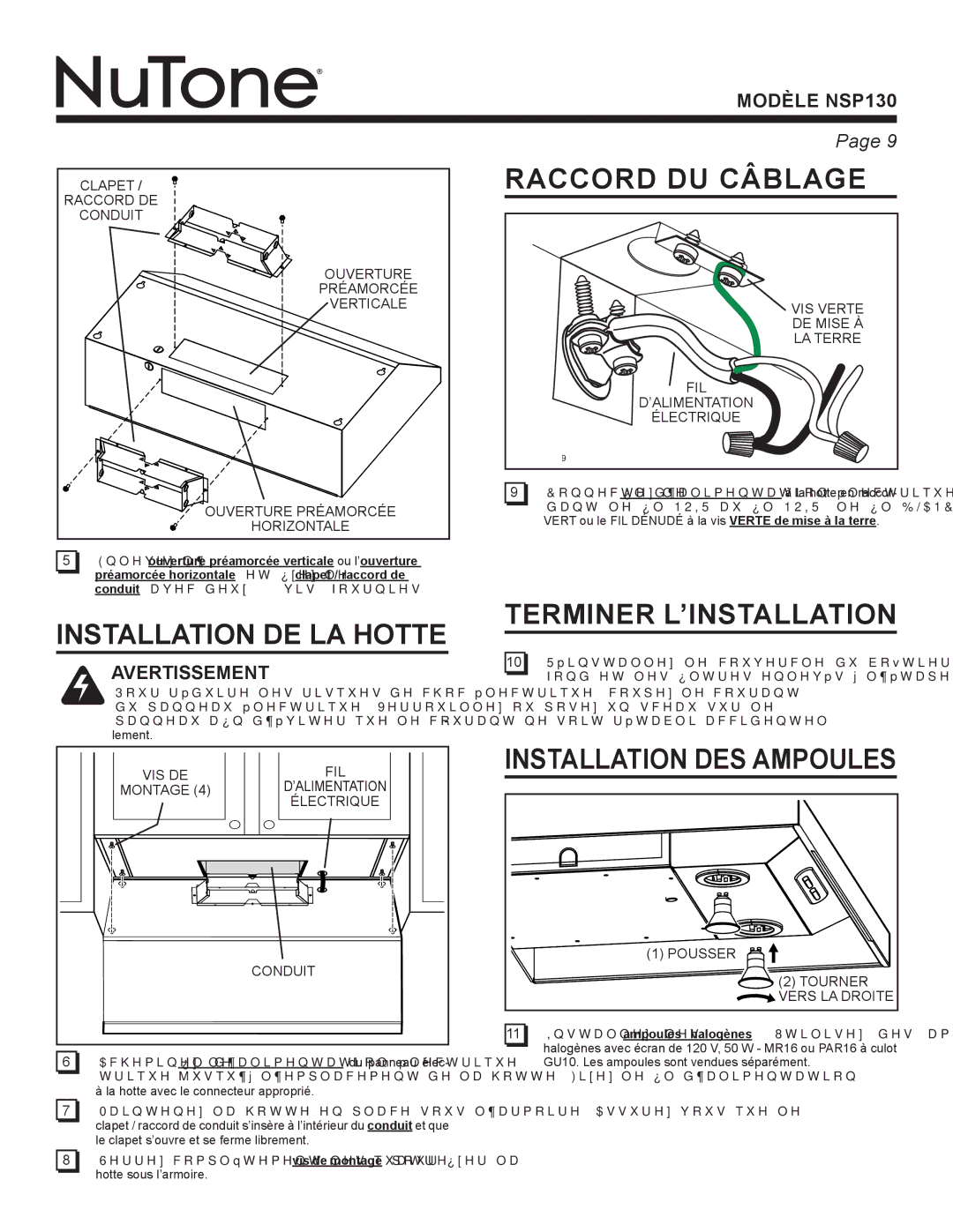 NuTone NSP130 warranty Installation DE LA Hotte, Raccord DU Câblage, Terminer L’INSTALLATION, Installation DES Ampoules 