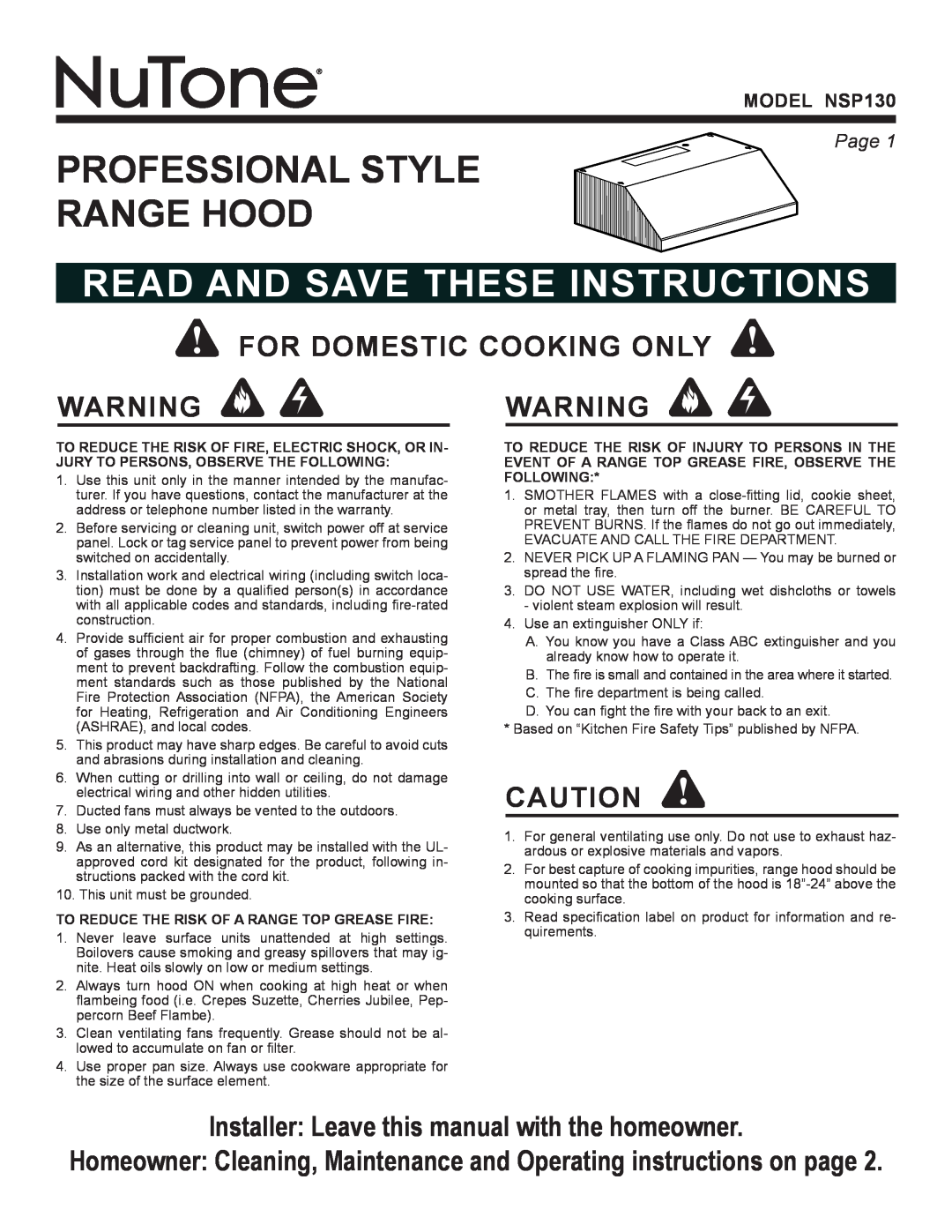 NuTone NSP130 warranty Professional Style Range Hood, read and save these instructions, for domestic cooking only, Page  