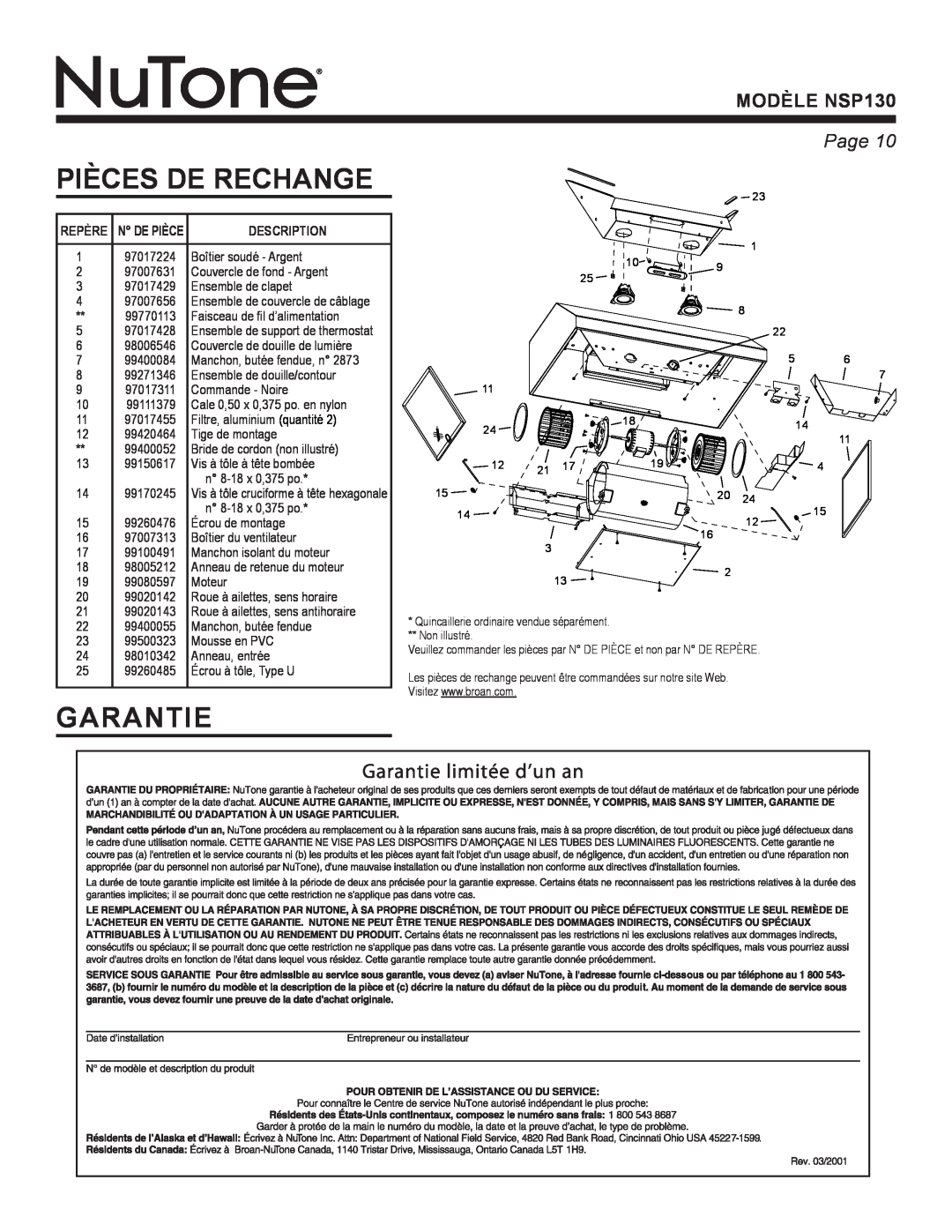 NuTone warranty Pièces De Rechange, Garantie, Page, MODÈLE NSP130 
