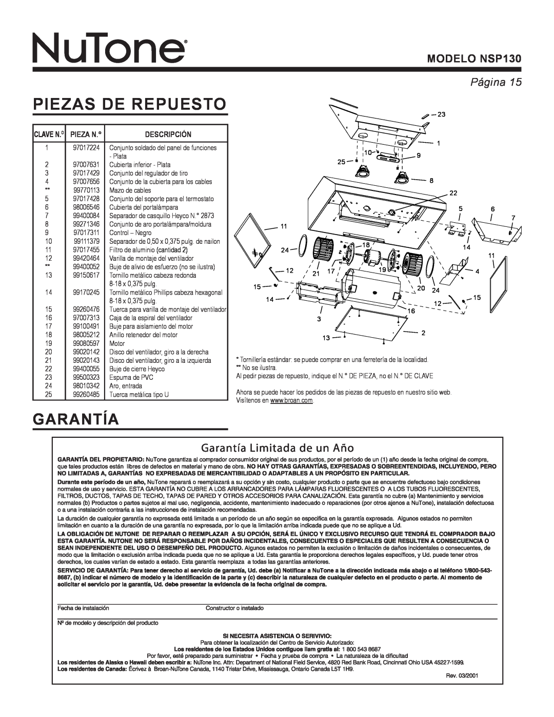 NuTone warranty Piezas De Repuesto, Garantía, MODELO NSP130, Página 