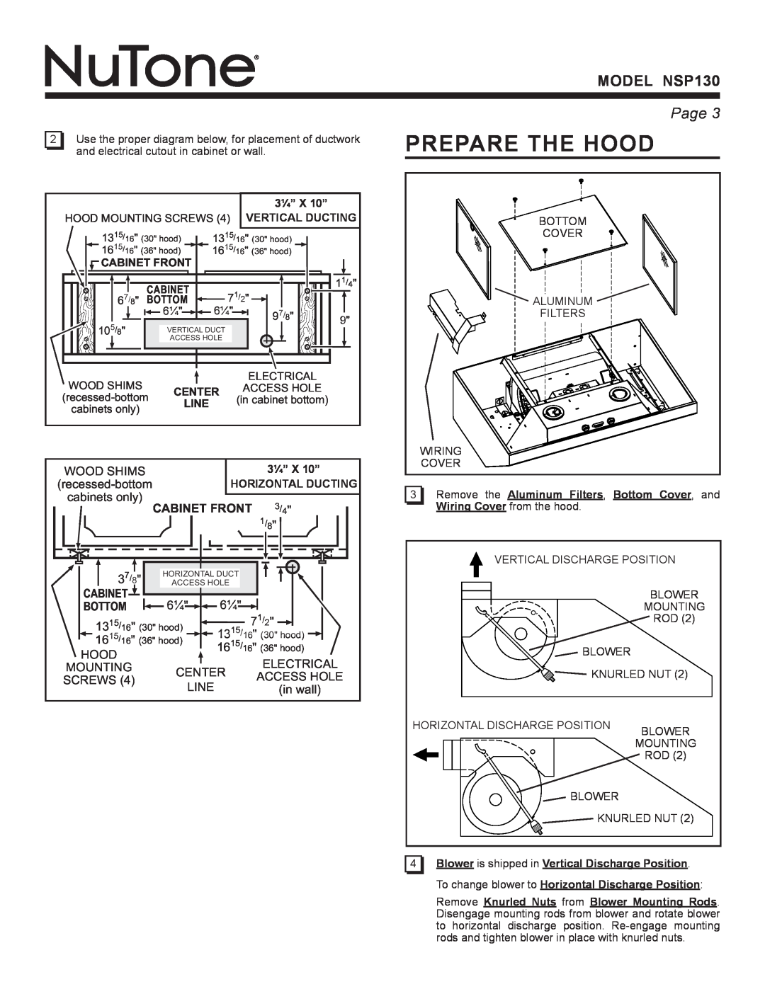 NuTone NSP130 warranty Prepare The Hood, CABINET FRONT 3/4, Cabinet, Bottom, model nsp130, Page  
