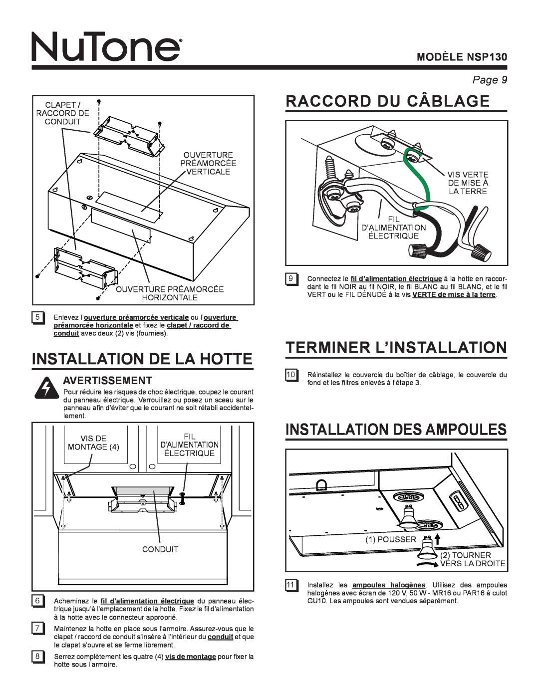 NuTone NSP130 Installation De La Hotte, Raccord Du Câblage, Terminer L’Installation, Installation Des Ampoules, Page  