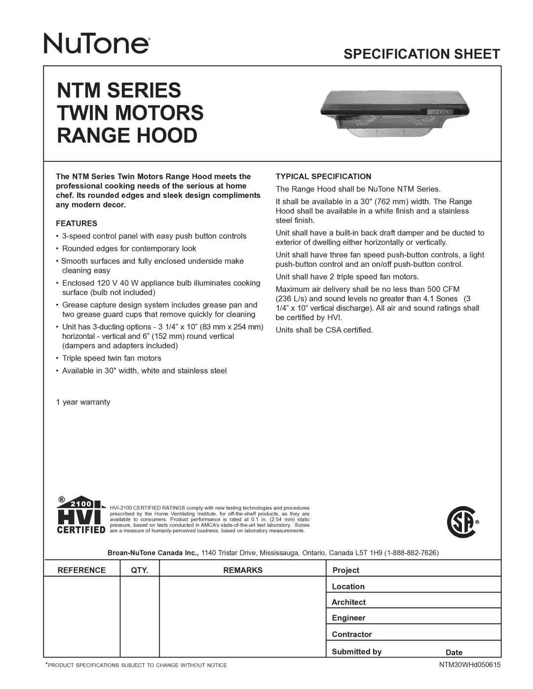 NuTone specifications NTM Series Twin Motors Range Hood, Features, Typical Specification, Reference QTY Remarks 