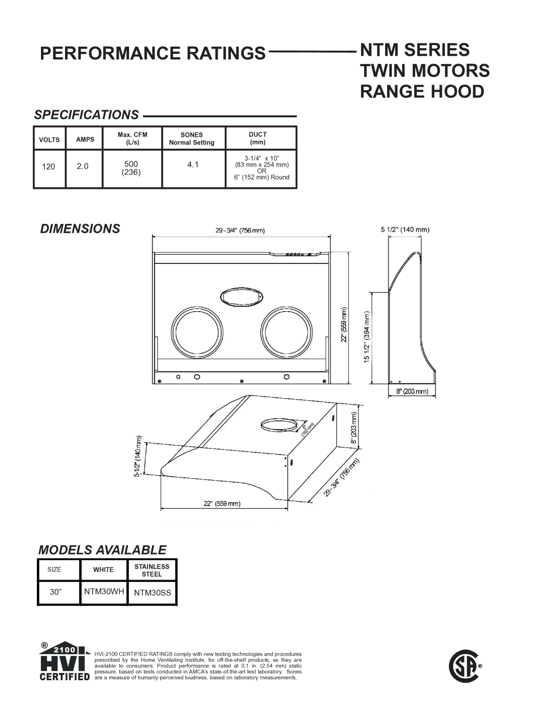 NuTone Performance Ratings, NTM Series Twin Motors Range Hood, Specifications, Dimensions Models Available 