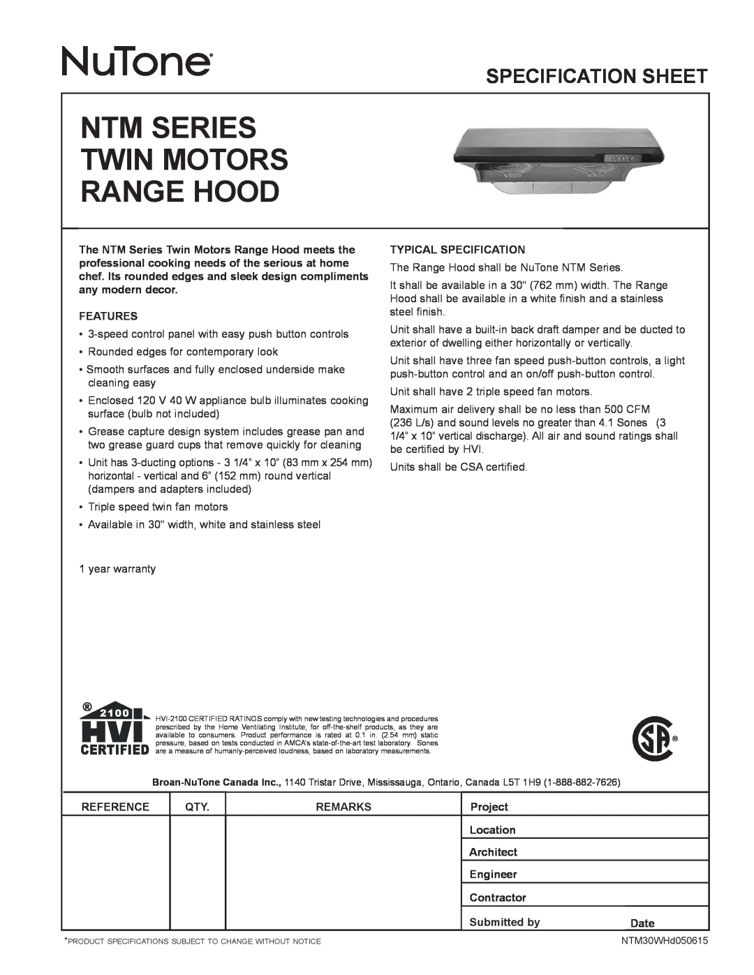 NuTone NTM Series specifications Ntm Series Twin Motors Range Hood, Specification Sheet 